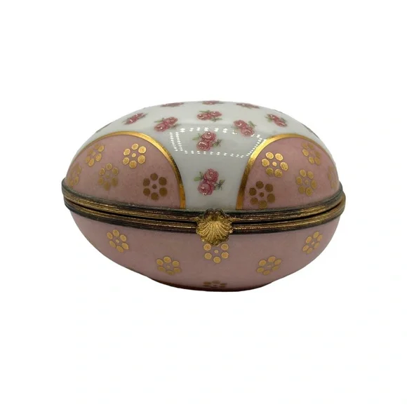 X Large Limoges France Hand Painted Rose Flower Egg Porcelain Pill Trinket Box